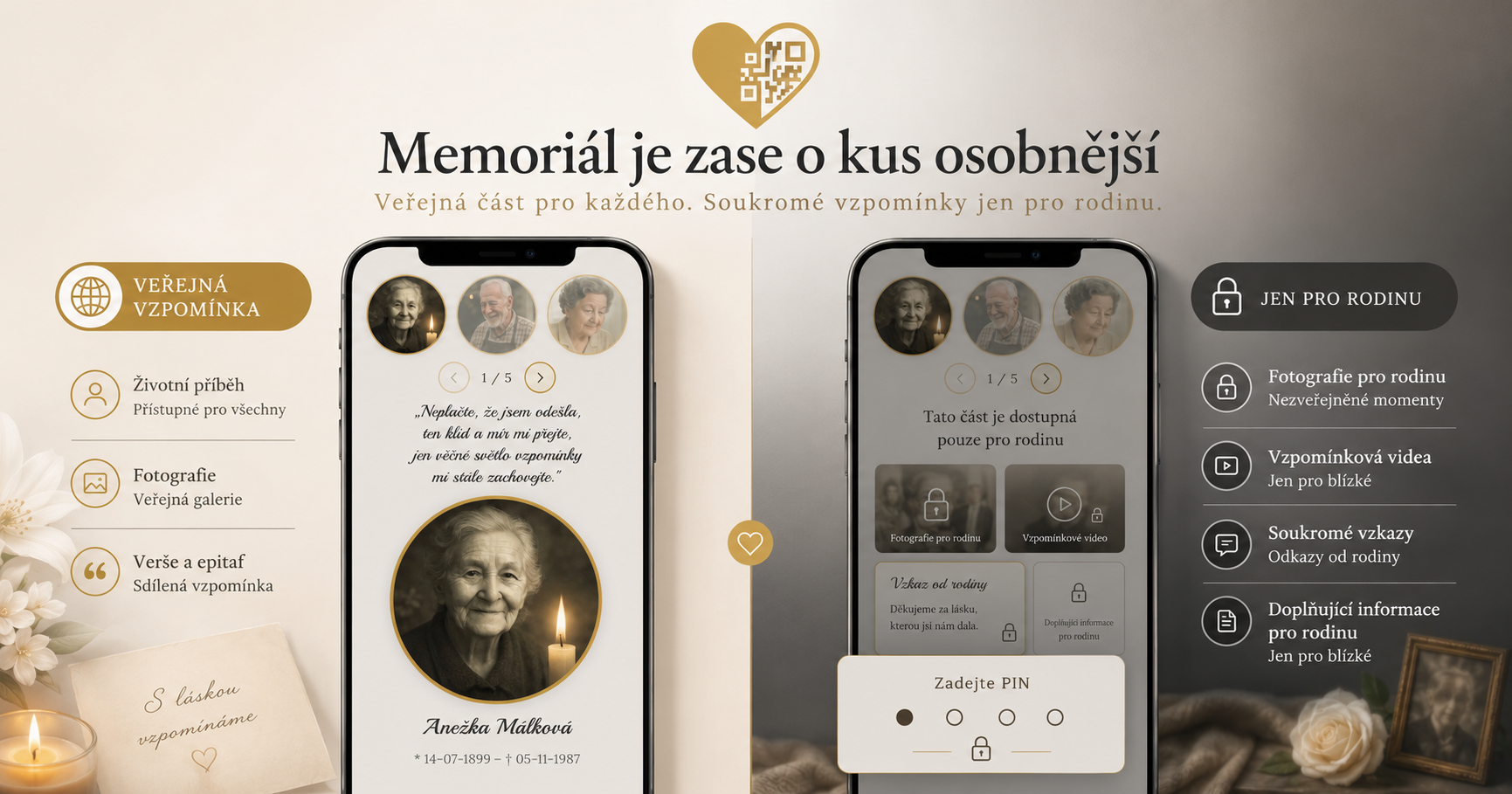 Memoriál je zase o kus osobnější: rodinný zámek s PINem, verše i epitaf